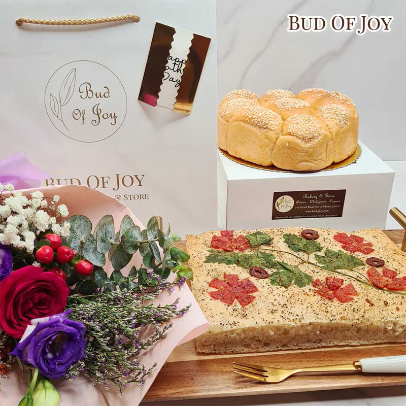 Organic Focaccia with Tomato-Cheese Buns and Flowers Bundle - Mothers' Day Special